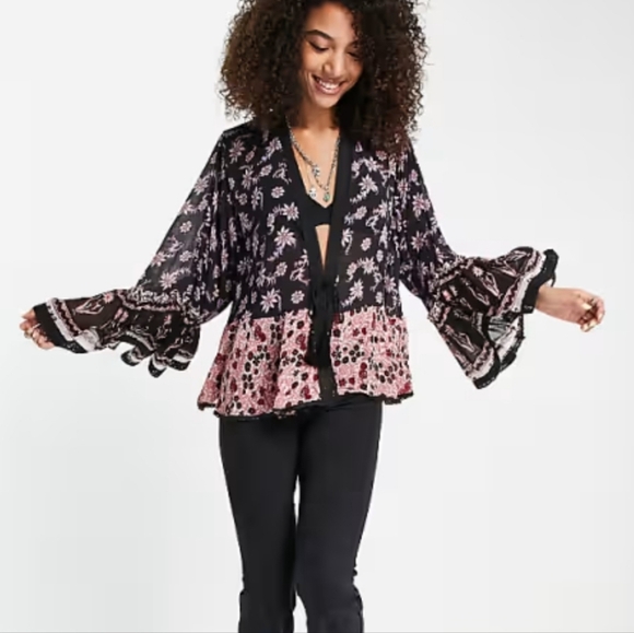 Free People Lola Printed Sheer Kimono  Black Small Oversized Fit Mixed Florals - Picture 1 of 12